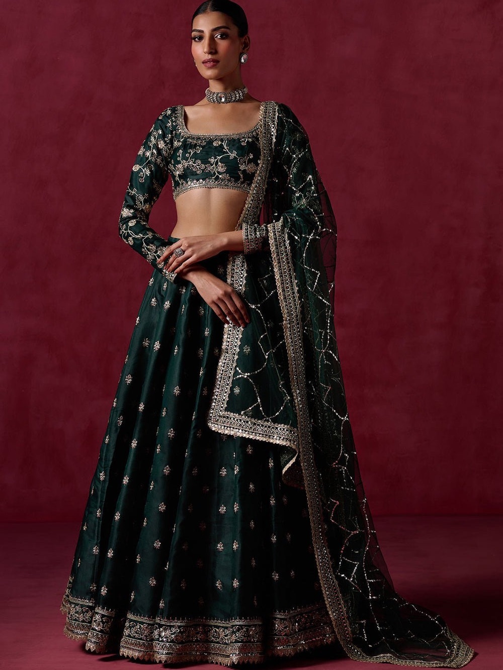 Lashkaraa Bottle Green Embroidered Silk Lehenga (Custom Halter)